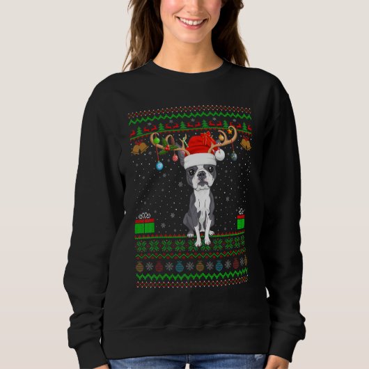 Reindebaars Santa Hat Matching Ugly Boston Terrier Trui (Voorkant)