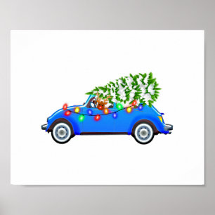 Reindedarm die een kever bestuurt met kerst treeb poster