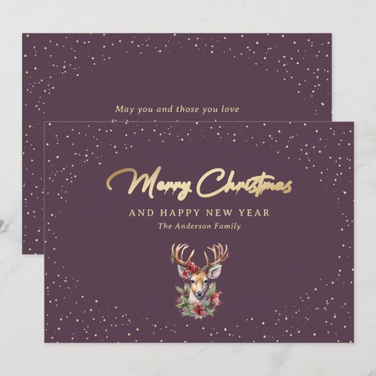 Reindedarmen Paarse goudsneeuw Kerst Feestdagenkaart (Voorkant / Achterkant)
