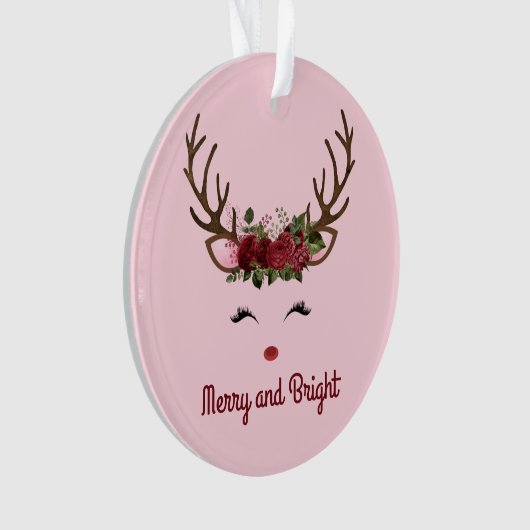 Reindeer and Flowers Merry and Bright on Pink Cera Ornament (voorkant)