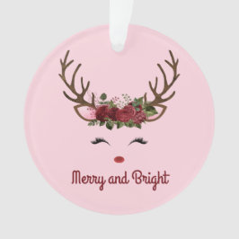 Reindeer and Flowers Merry and Bright on Pink Cera Ornament