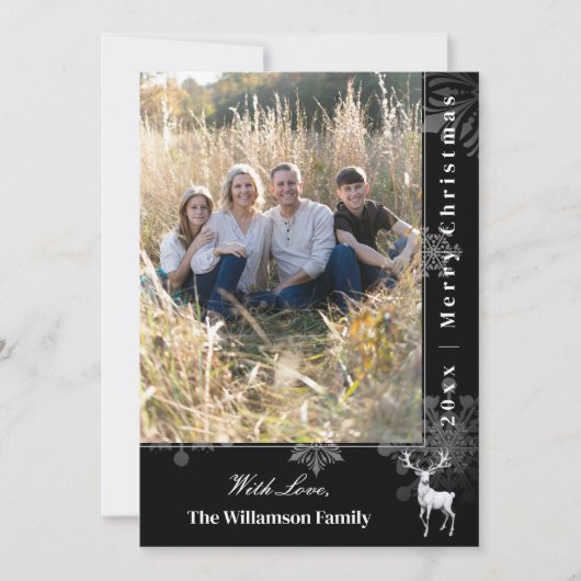 Reindeer and Snowflakes Holiday Photo | Black Card Feestdagenkaart (Voorkant)