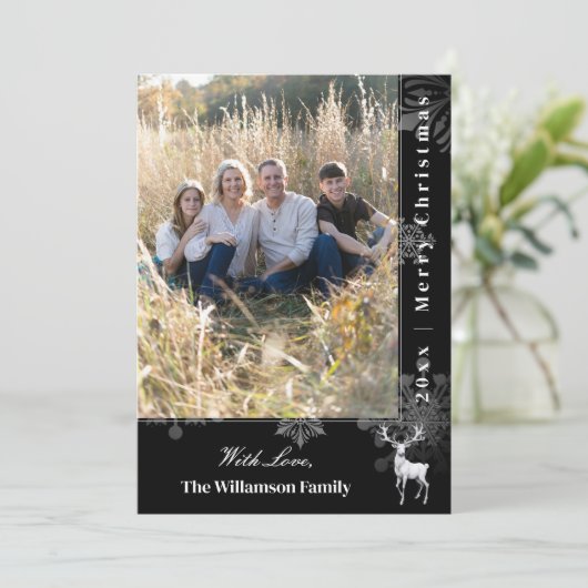Reindeer and Snowflakes Holiday Photo | Black Card Feestdagenkaart (Staand voorkant)