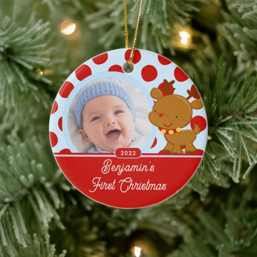 Reindeer Baby Boy Fotokerstversiering Keramisch Ornament (Boom)