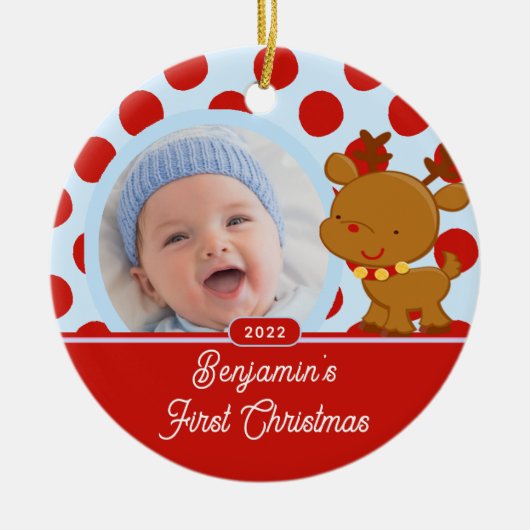 Reindeer Baby Boy Fotokerstversiering Keramisch Ornament (Voorkant)
