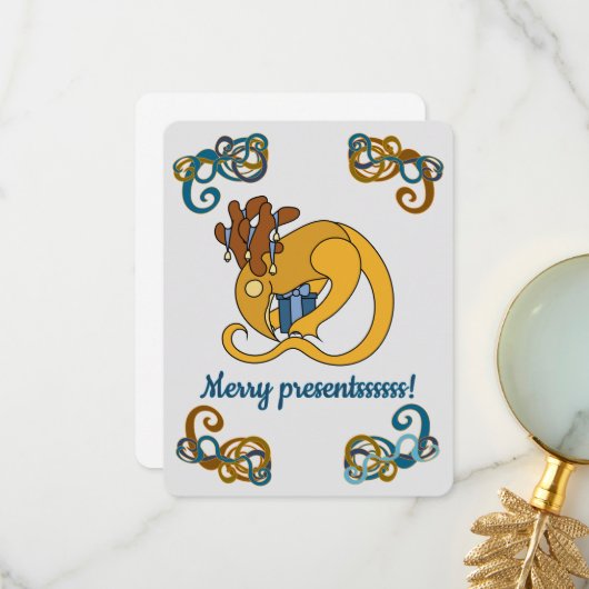 Reindeer bird with bells and presents Christmas Bedankkaart (Voorkant / Achterkant in situ)