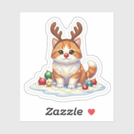 Reindeer Cat with Red Nose Rudolph Style Christmas Sticker