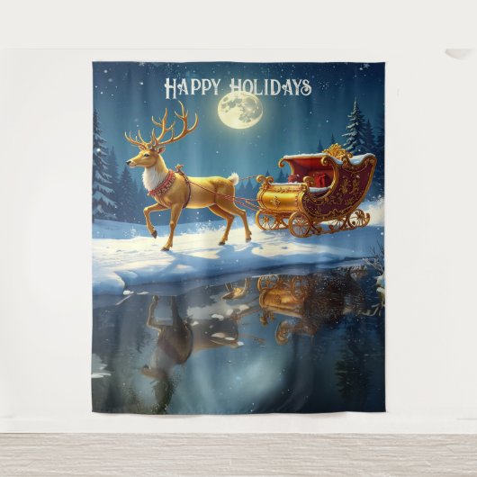 Reindeer Christmas Sleigh Holiday Backdrop Wandkleed (Voorkant)