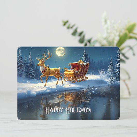 Reindeer Christmas Sleigh Holiday Card Feestdagenkaart (Staand voorkant)