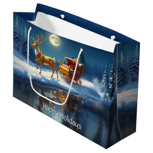 Reindeer Christmas Sleigh Holiday Gift Bag Groot Cadeauzakje (Voorkant Gekanteld)