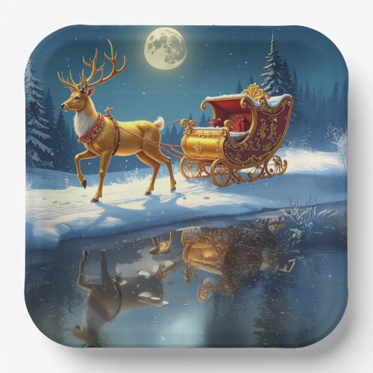Reindeer Christmas Sleigh Holiday Papieren Bordje (Voorkant)