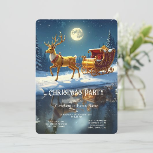 Reindeer Christmas Sleigh Holiday Party Invitation Kaart (Staand voorkant)