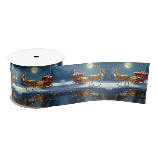 Reindeer Christmas Sleigh Holiday Satin Satijnen Lint (Spoel)