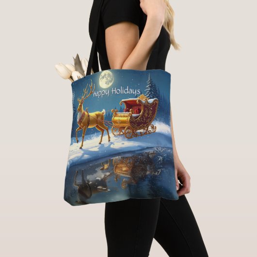 Reindeer Christmas Sleigh Holiday Tote Bag (Dichtbij)