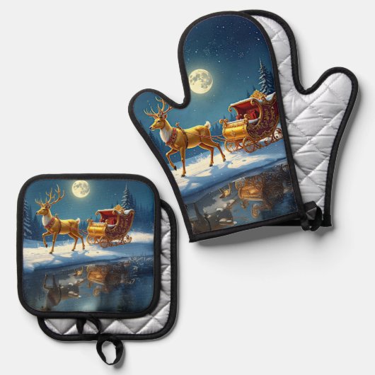 Reindeer Christmas Sleigh Ovenwant & Pannenlap Set (Voorkant / Achterkant)