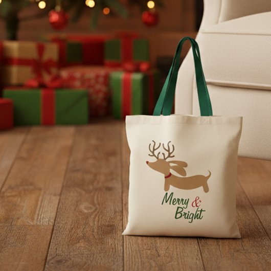 Reindeer Dachshund Merry & Bright kerstTas Tote Bag