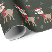 Reindeer en Red Berry Dark Green Wrapping Paper Cadeaupapier (Rol Hoek)