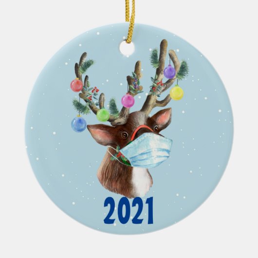 Reindeer Face Mask Kerstmis 2021 Keramisch Ornament (Voorkant)