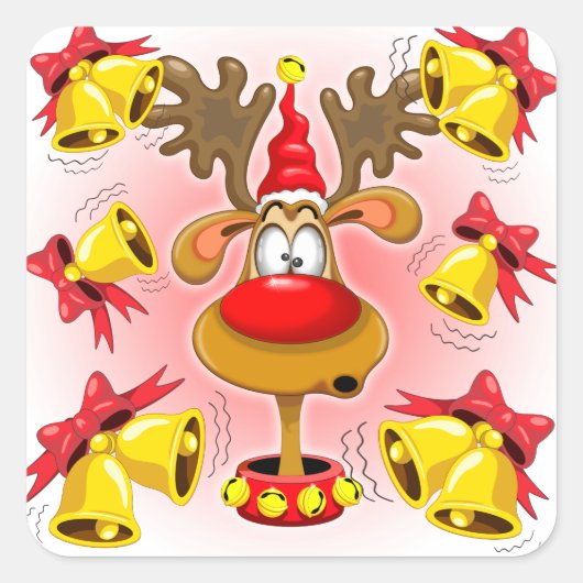 Reindeer Fun-kerstCartoon met Bells Alarms Vierkante Sticker (Voorkant)