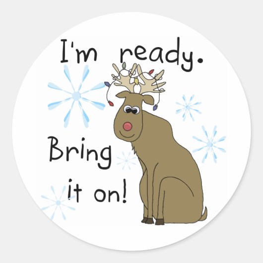 Reindeer gereed voor kersttshirts en cadeaus ronde sticker (Voorkant)