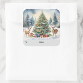 Reindeer in the Snow with Christmas Tree TO FROM Vierkante Sticker (Tas)