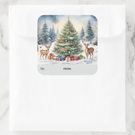 Reindeer in the Snow with Christmas Tree TO FROM Vierkante Sticker (Tas)