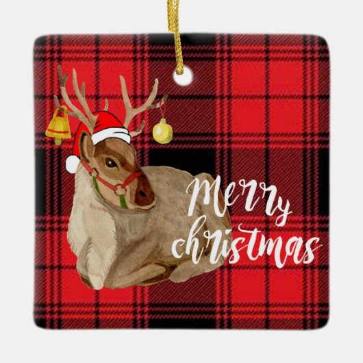 Reindeer Jingle Bell Pset Merry kerstboom Keramisch Ornament (Voorkant)