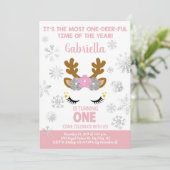 Reindeer kerstwinte meisje 1 verjaardag uitnodigin kaart (Staand voorkant)