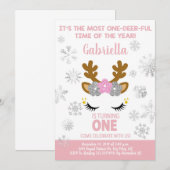 Reindeer kerstwinte meisje 1 verjaardag uitnodigin kaart (Voorkant / Achterkant)
