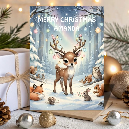 Reindeer Magical Forest Kids Christmas Card Feestdagen Kaart