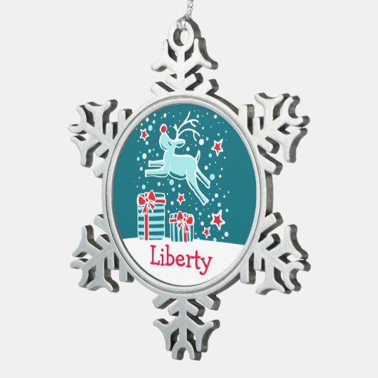 Reindeer met de naam snowflake-kerstversiering tin sneeuwvlok ornament (Rechts)