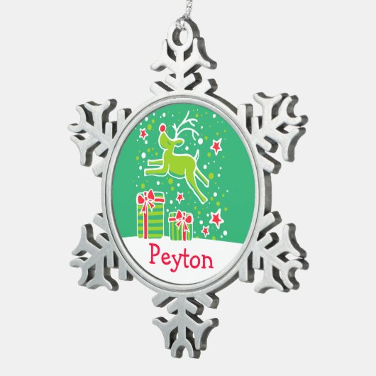 Reindeer met de naam snowflake-kerstversiering tin sneeuwvlok ornament (Rechts)