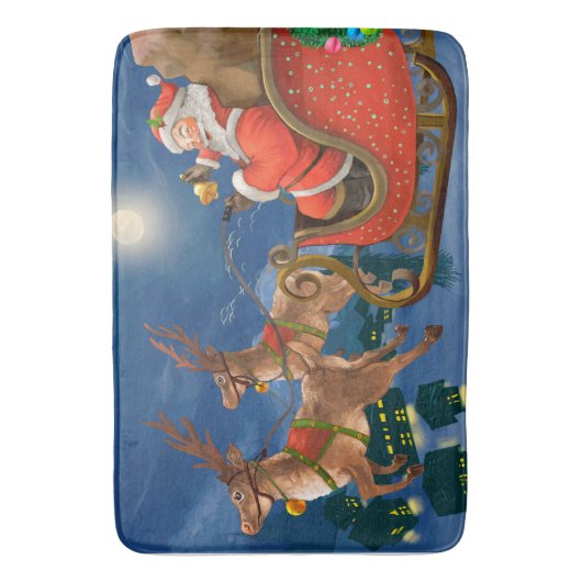 Reindeer Pulling Santa Claus Sleigh | Kerstmis Badmat (Voorkant Verticaal)