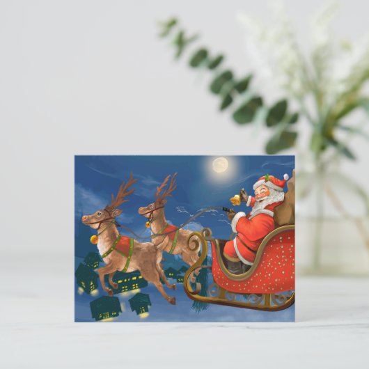 Reindeer Pulling Santa Claus Sleigh | Kerstmis Feestdagenkaart (Staand voorkant)