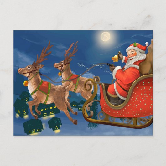Reindeer Pulling Santa Claus Sleigh | Kerstmis Feestdagenkaart (Voorkant)