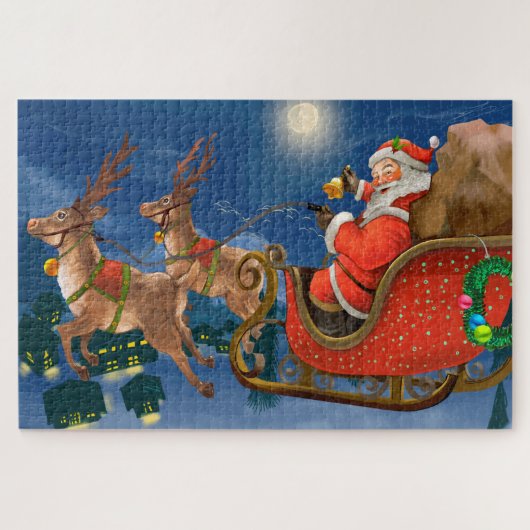 Reindeer Pulling Santa Claus Sleigh | Kerstmis Legpuzzel (Horizontaal)