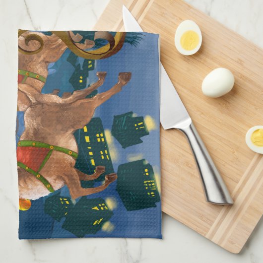 Reindeer Pulling Santa Claus Sleigh | Kerstmis Theedoek (Quarter Fold)