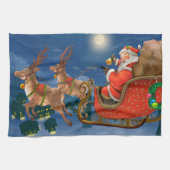 Reindeer Pulling Santa Claus Sleigh | Kerstmis Theedoek (Horizontaal)