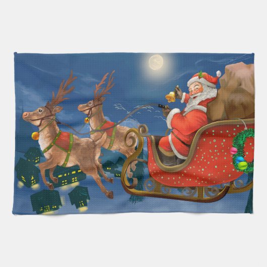 Reindeer Pulling Santa Claus Sleigh | Kerstmis Theedoek (Horizontaal)