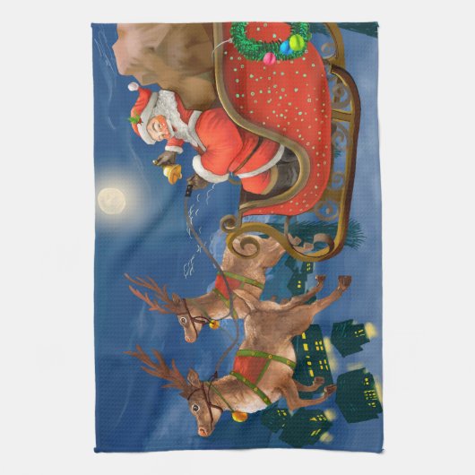 Reindeer Pulling Santa Claus Sleigh | Kerstmis Theedoek (Verticaal)