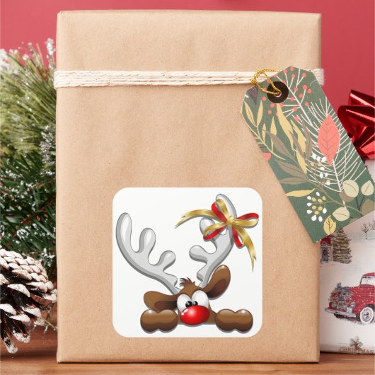 Reindeer Puzzled Funny Kerstpersonage Vierkante Sticker (Feestdagen)