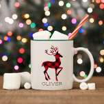 Reindeer Red Buffalo Pset Persoonlijke Kerstmis Tweekleurige Koffiemok<br><div class="desc">Het ontwerp van de seizoensgebonden kerstkoffie-mok is voorzien van twee feestelijke rendieren met geweien in een rood en zwart gebuffelvormig patroon. Pas de tekst van het douanemonogram met een voornaam aan.</div>