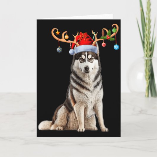 Reindeer Santa Hat Christmas Pajamas Husky Dog Xma Kaart (Voorkant)