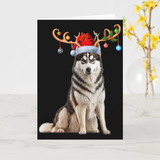 Reindeer Santa Hat Christmas Pajamas Husky Dog Xma Kaart (Gele Bloem)