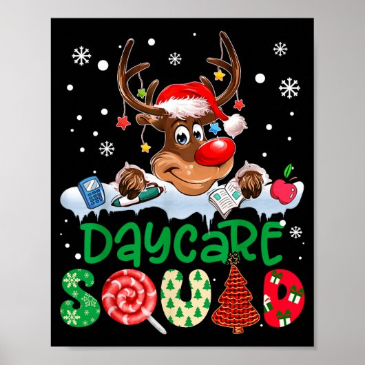 Reindeer Santa Hat Daycare Squad Teacher Christmas Poster (Voorkant)