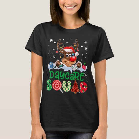 Reindeer Santa Hat Daycare Squad Teacher Christmas T-shirt (Voorkant)