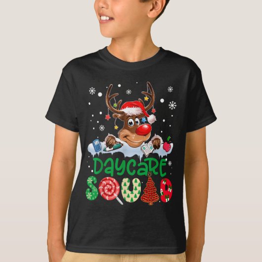 Reindeer Santa Hat Daycare Squad Teacher Christmas T-shirt (Voorkant)
