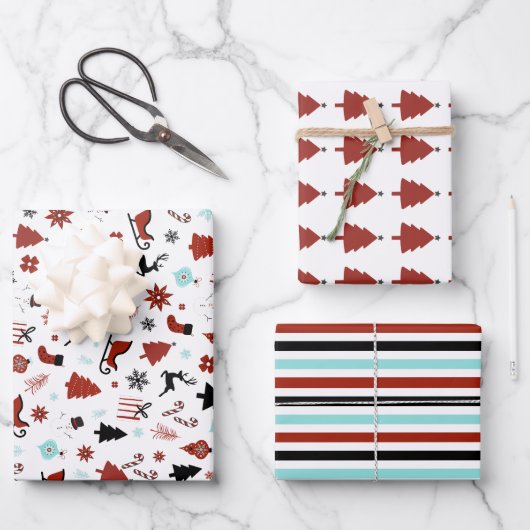 Reindeer Sleigh Chrismas Pine Trees Inpakpapier Vel (Voorkant)