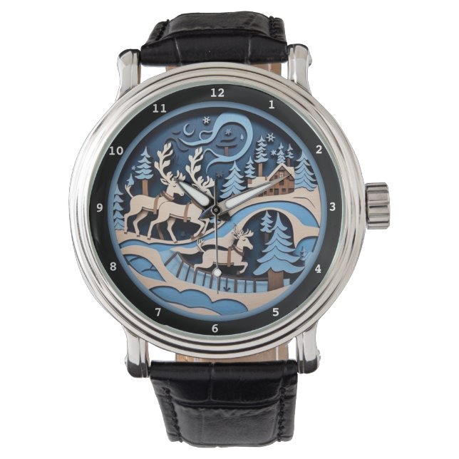 Reindeer Sleigh Ride Winter Artwork Horloge (Voorkant)
