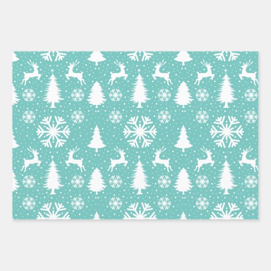 Reindeer Snowflakes kerstbomen Blauwgroen patroon Inpakpapier Vel (Voorkant)